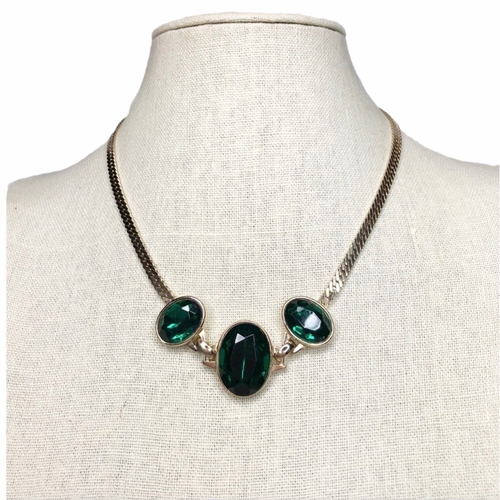 Vintage Green Rhinestone Flat Gold Chain Necklace